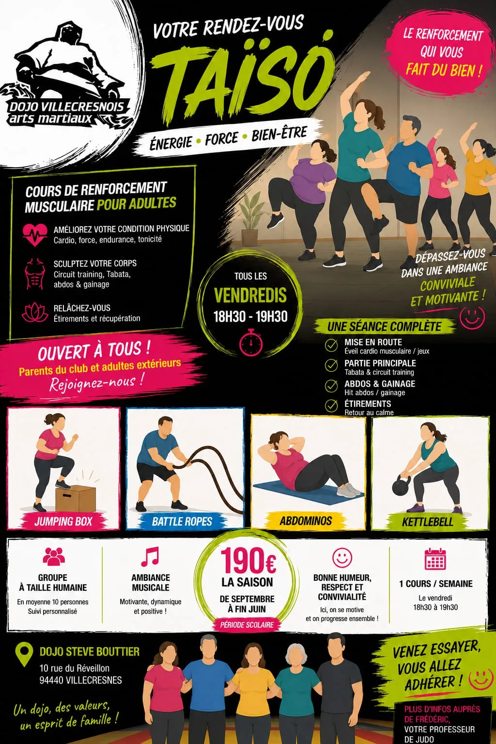 Affiche du cours de taïso du Dojo Villecresnois : tous les vendredis de 18 h 30 à 19 h 30